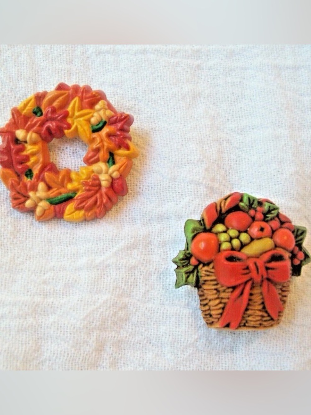 Vintage Hallmark Holiday
Lapel Pins 
Fall Wreath 
Christmas Fruit Basket
1980s